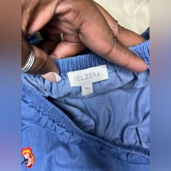 Velzera chambray floral embroidered off the shoulder tunic mini dress sz 1X - Picture 2 of 7